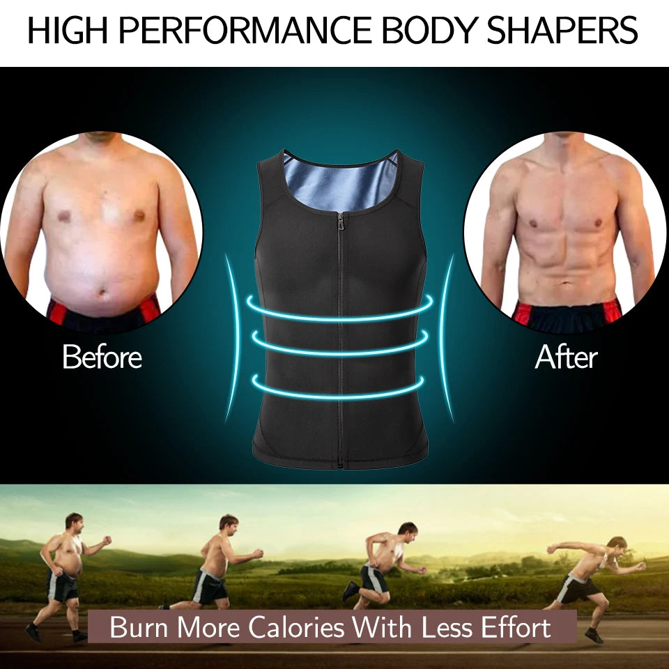 Men Sauna Sweat Vest Waist Trainer Corset Zipper Workout Tank Top Slimming Body Shaper Compression Shirt Weight Loss Fat Burner