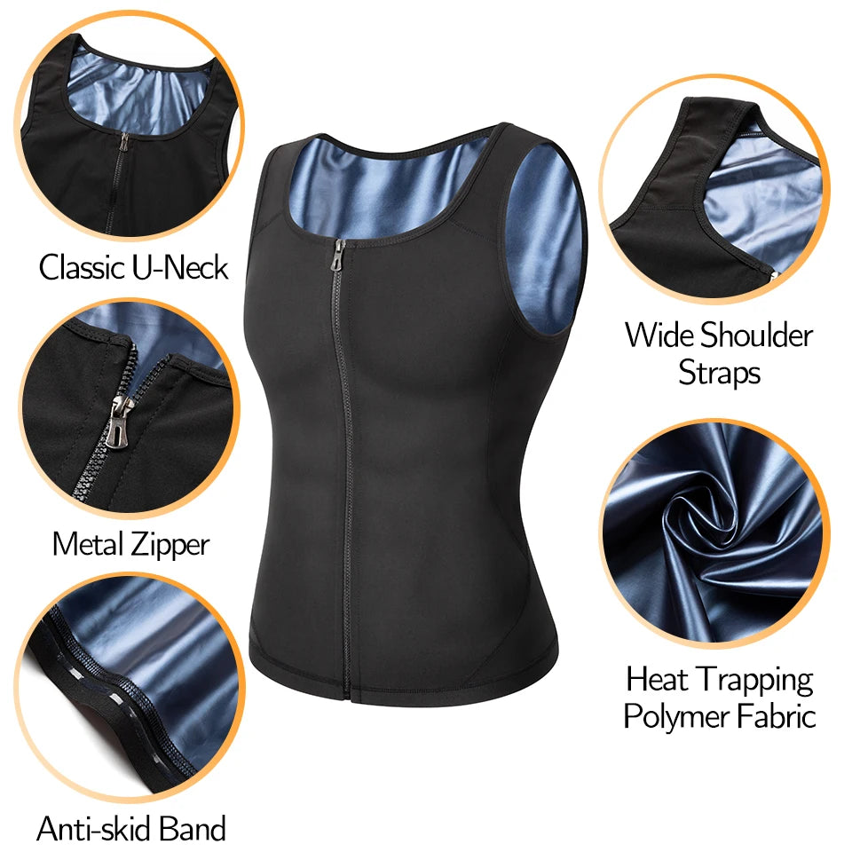 Men Sauna Sweat Vest Waist Trainer Corset Zipper Workout Tank Top Slimming Body Shaper Compression Shirt Weight Loss Fat Burner