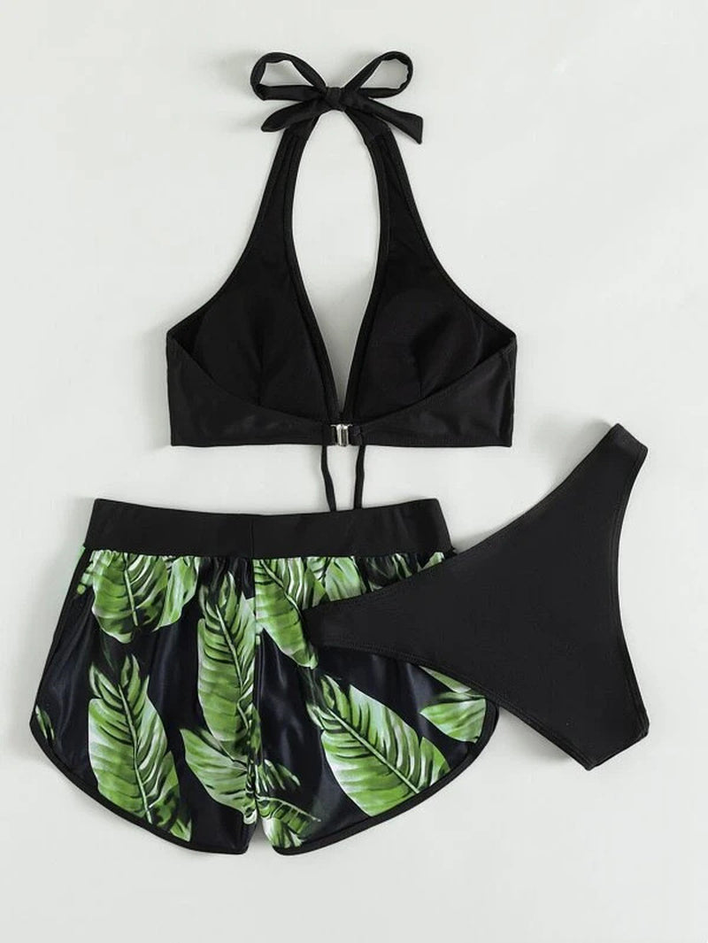 3Pcs Leaf Print Bikini with Shorts Fashion Summer Beach Swimsuit Womens Clothing