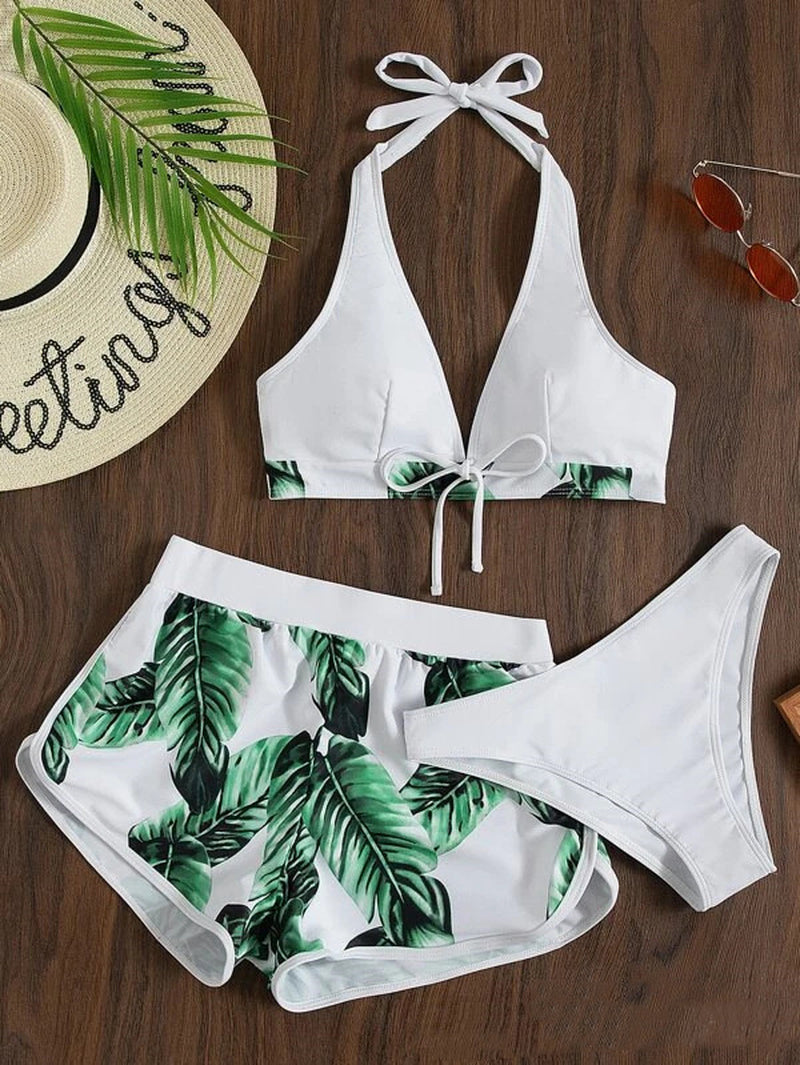 3Pcs Leaf Print Bikini with Shorts Fashion Summer Beach Swimsuit Womens Clothing