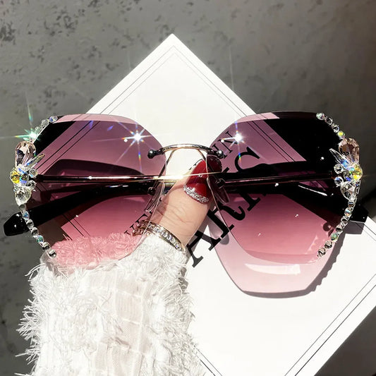 Luxury Brand Design Rimless Rhinestone Sunglasses