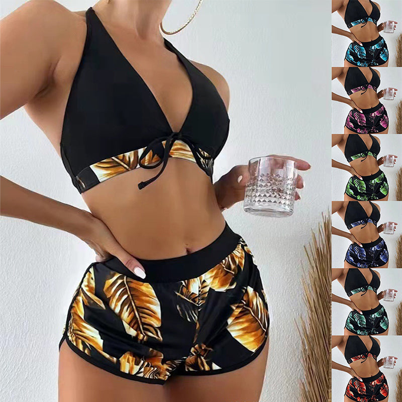 3Pcs Leaf Print Bikini with Shorts Fashion Summer Beach Swimsuit Womens Clothing